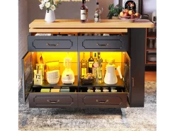 Móvel de bar moderno rotativo 360° - com LED - 203x39x93 cm - 4 gavetas e 2 portas - com prateleiras laterais - preto