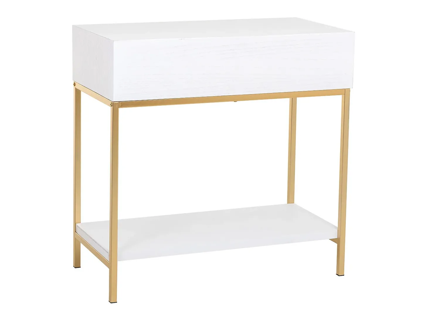 Móvel de corredor com 2 gavetas, em madeira e metal branco e dourado.