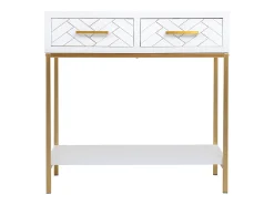 Móvel de corredor com 2 gavetas, em madeira e metal branco e dourado.