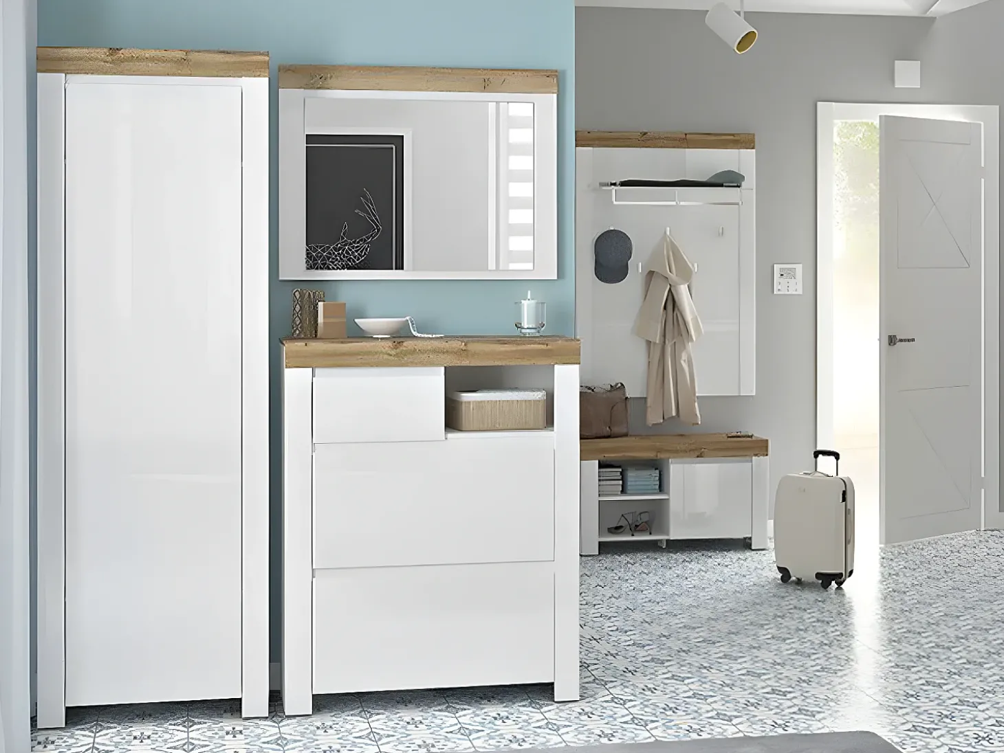 Móvel de corredor de 1 porta Hella Branco e Madeira