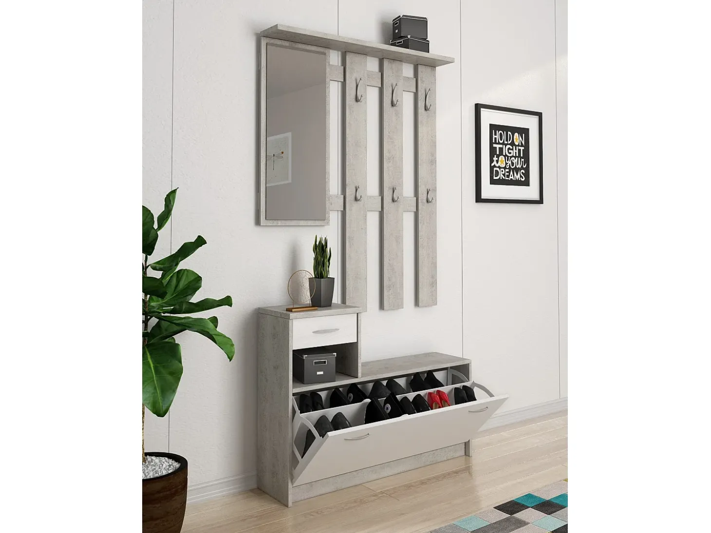 Móvel de entrada 0, Entrada moderna com espelho, Armário com sapateira, Armário multifuncional, 100x25h180 cm, Branco e Cimento