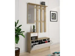 Móvel de entrada 0, Entrada moderna com espelho, Armário com sapateira, Armário multifuncional, 100x25h180 cm, Branco e Carvalho