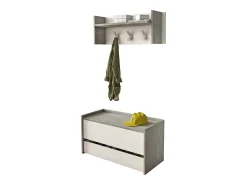 Móvel de entrada Brionia, Entrada moderna com cabide, Armário com sapateira, Armário multifuncional, 50x32h182 cm, Cimento e Branco