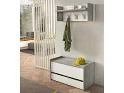 Móvel de entrada Brionia, Entrada moderna com cabide, Armário com sapateira, Armário multifuncional, 50x32h182 cm, Cimento e Branco