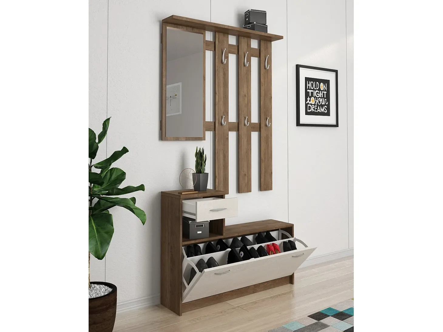 Móvel de entrada Dbiagin, Entrada moderna com espelho, Armário com sapateira, Armário multifuncional, 100x25h180 cm, Branco e Carvalho