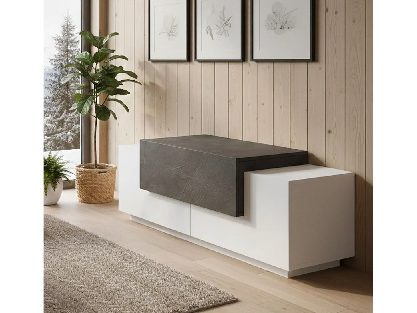 Móvel de entrada Djallo, entrada multifuncional moderna, armário polivalente para hall de entrada, 100% Fabricado na Itália, 120x45h46 cm, branco brilhante e ardóia