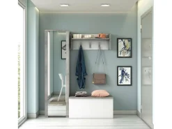 Móvel de entrada Djohnse, Entrada moderna com cabide, Armário com sapateira, Armário com espelho, 50x32h182 cm, Branco e Cimento
