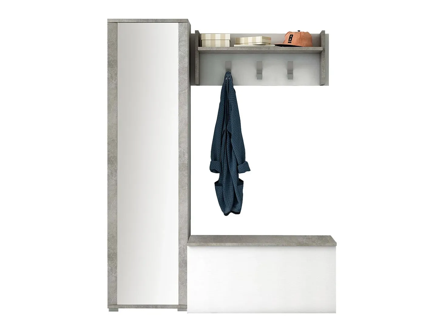 Móvel de entrada Djohnse, Entrada moderna com cabide, Armário com sapateira, Armário com espelho, 50x32h182 cm, Branco e Cimento