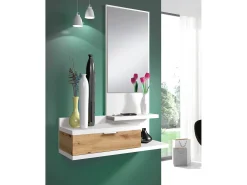 Móvel de entrada Dmissor, Entrada com espelho e gaveta, Esvaziador de bolsos para hall de entrada de pequenos apartamentos, 81x29h116 cm, Carvalho branco e nodoso