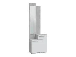Móvel de entrada Dner, Sapateira multifuncional com espelho, Roupeiro com 1 porta e 1 gaveta, 61x28h185 cm, Cimento e Branco Brilhante