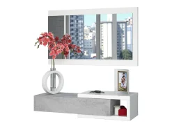 Móvel de entrada Mcallen, Entrada reversível com espelho, Móvel de hall com gaveta, Bandeja de bolso para apartamentos, 95x26h69 cm, Branco e Cimento