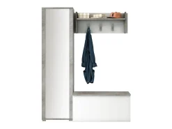 Móvel de entrada Mirtilla, Entrada moderna com cabide, Armário com sapateira, Armário com espelho, 50x32h182 cm, Branco e Cimento