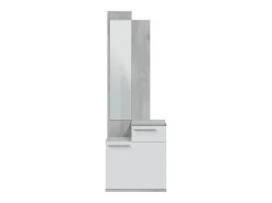 Móvel de entrada Waltham, Sapateira multifuncional com espelho, roupeiro 1 porta e 1 gaveta, 61x28h185 cm, Cimento e Branco Brilhante