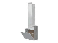 Móvel de entrada Waltham, Sapateira multifuncional com espelho, roupeiro 1 porta e 1 gaveta, 61x28h185 cm, Cimento e Branco Brilhante