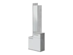Móvel de entrada Waltham, Sapateira multifuncional com espelho, roupeiro 1 porta e 1 gaveta, 61x28h185 cm, Cimento e Branco Brilhante