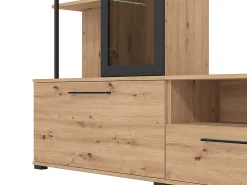 Móvel de parede para TV - 3 portas, 1 porta de vidro, 2 nichos e 7 prateleiras - Cor: Carvalho e preto - DUBLIN