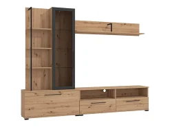 Móvel de parede para TV - 3 portas, 1 porta de vidro, 2 nichos e 7 prateleiras - Cor: Carvalho e preto - DUBLIN