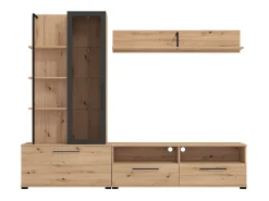 Móvel de parede para TV - 3 portas, 1 porta de vidro, 2 nichos e 7 prateleiras - Cor: Carvalho e preto - DUBLIN