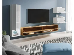 Móvel de sala 4 peças – conjunto suspenso TV 180 cm, coluna, 2 armários, branco brilho + carvalho wotan