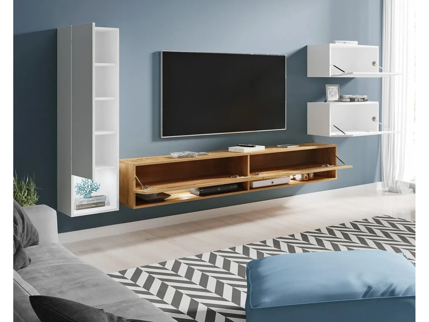 Móvel de sala 4 peças – conjunto suspenso TV 180 cm, coluna, 2 armários, branco brilho + carvalho wotan
