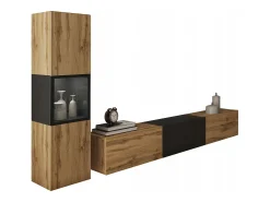 Móvel de sala com iluminação, conjunto suspenso e de chão de 2 elementos com móvel de TV de 180 cm e vitrina, corpo carvalho wotan, inserto preto mate