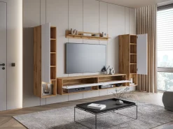 Móvel de sala moderno – conjunto suspenso com 2 colunas + móvel de TV 180 cm + prateleira, corpo carvalho wotan mate, frentes branco brilho