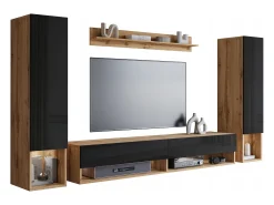Móvel de sala moderno – conjunto suspenso com 2 colunas + móvel de TV 180 cm + prateleira, corpo carvalho wotan mate, frentes preto brilho