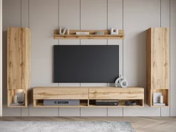 Móvel de sala moderno – conjunto suspenso com 2 colunas + móvel de TV 180 cm + prateleira, carvalho wotan mate