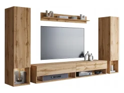 Móvel de sala moderno – conjunto suspenso com 2 colunas + móvel de TV 180 cm + prateleira, carvalho wotan mate
