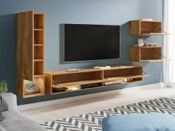 Móvel de sala moderno 4 peças com LED – conjunto suspenso TV 180 cm, com coluna e módulos, carvalho Wotan