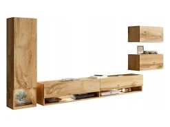 Móvel de sala moderno 4 peças com LED – conjunto suspenso TV 180 cm, com coluna e módulos, carvalho Wotan