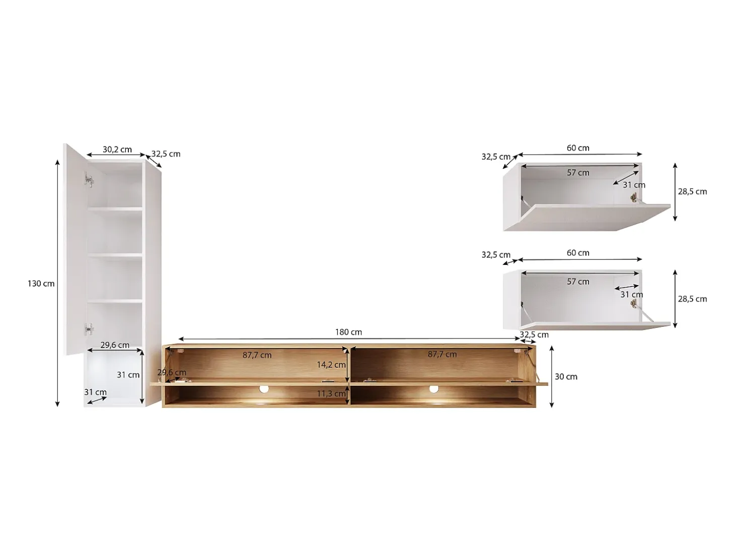 Móvel de sala moderno 4 peças com LED – conjunto suspenso TV 180 cm, com coluna e módulos, carvalho Wotan