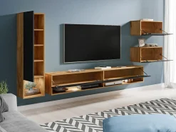 Móvel de sala moderno 4 peças – conjunto TV suspenso 180 cm, coluna e 2 armários, corpo wotan, frentes preto brilho