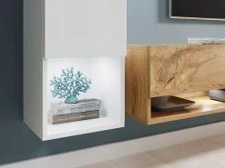 Móvel de sala moderno 4 peças – conjunto TV suspenso 180 cm, coluna e 2 armários, corpo wotan, frentes preto brilho