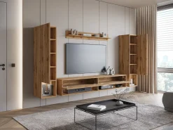 Móvel de sala moderno com LED – conjunto suspenso para sala 2 colunas + móvel de TV 180 cm + prateleira, carvalho wotan