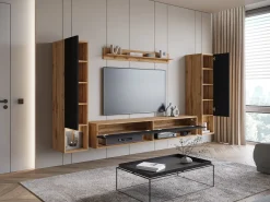 Móvel de sala moderno com LED – conjunto suspenso para sala 2 colunas + móvel de TV 180 cm + prateleira, corpo carvalho wotan, frentes preto brilho