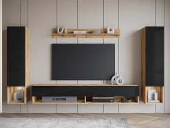 Móvel de sala moderno com LED – conjunto suspenso para sala 2 colunas + móvel de TV 180 cm + prateleira, corpo carvalho wotan, frentes preto brilho