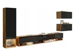 Móvel de sala moderno com LED 4 peças – conjunto suspenso TV 180 cm, coluna, 2 módulos, corpo carvalho Wotan, frentes preto brilho