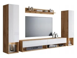 Móvel de sala moderno com LED – conjunto suspenso para sala 2 colunas + móvel de TV 180 cm + prateleira, corpo carvalho wotan, frentes branco brilho