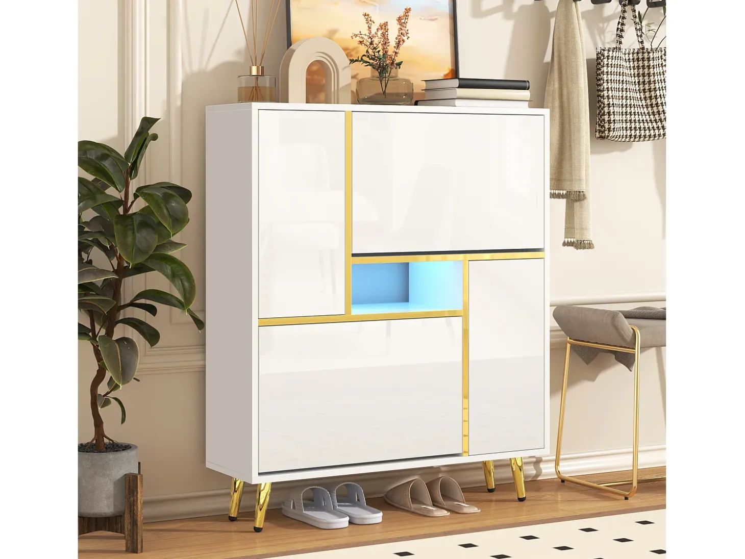 Móvel de sapateira moderno com LED - Branco Brilhante - Elegante e Prático