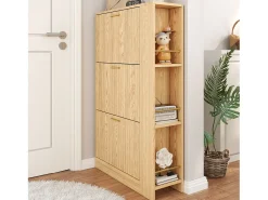 Móvel de sapatos moderno 70x23,5x115 cm - con 3 portas - Prateleiras abertas - aspecto de madeira - MDF - Natural