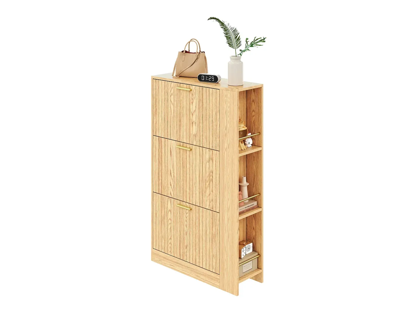 Móvel de sapatos moderno 70x23,5x115 cm - con 3 portas - Prateleiras abertas - aspecto de madeira - MDF - Natural