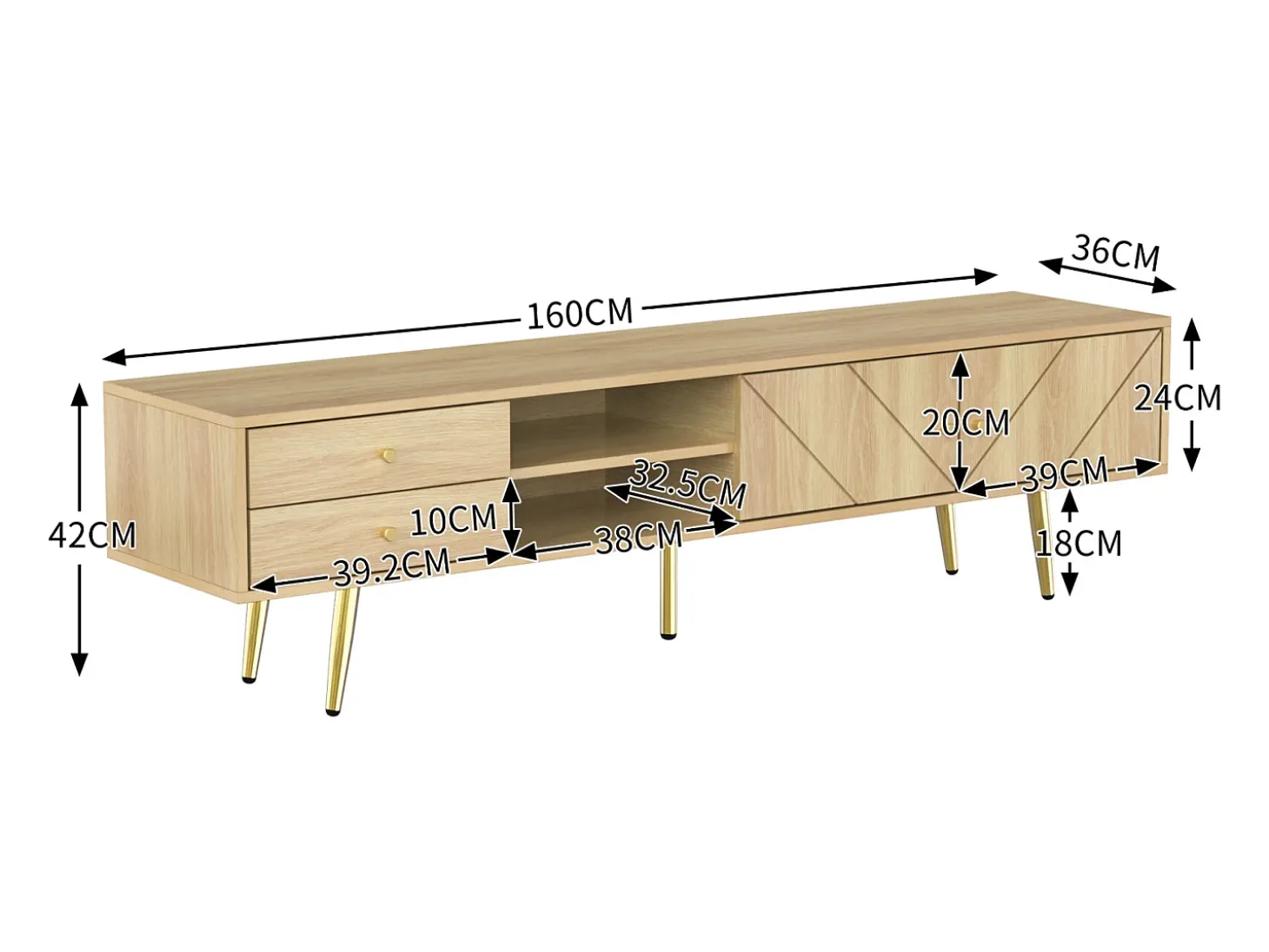 Móvel de TV 160 cm com pés dourados - Móvel de TV moderno com 2 gavetas e 2 portas - Cor madeira