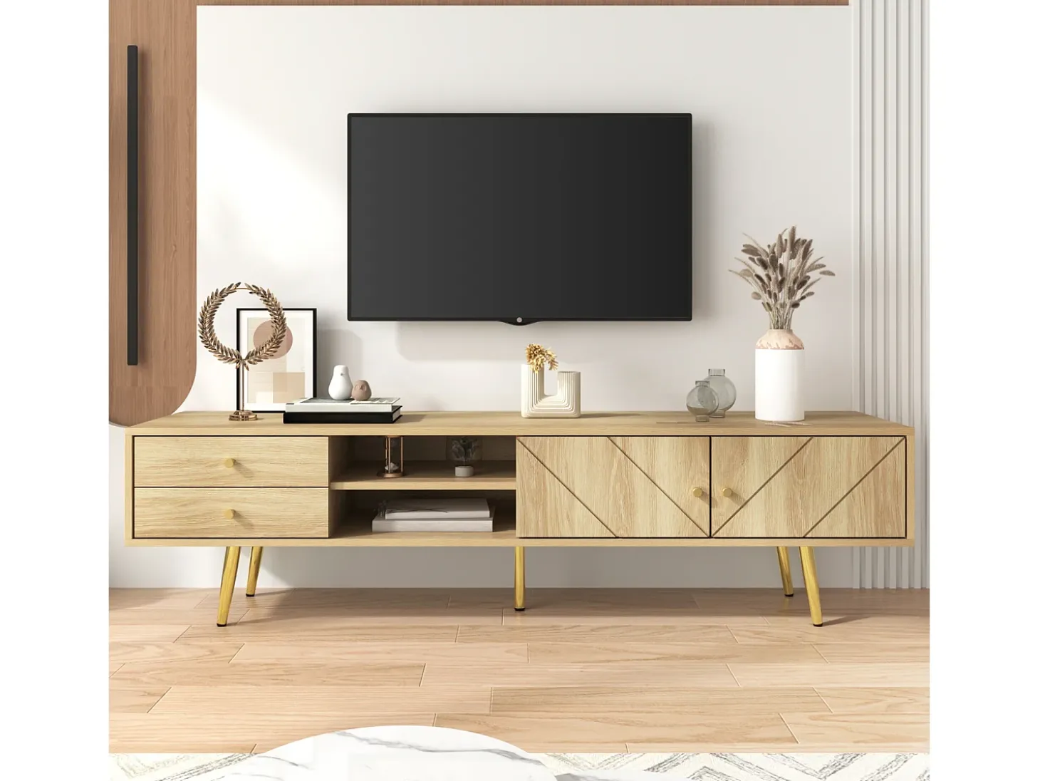 Móvel de TV 160 cm com pés dourados - Móvel de TV moderno com 2 gavetas e 2 portas - Cor madeira