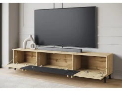 Móvel de TV 180 cm com pés para sala – lowboard moderno com três portas basculantes, artisan, preto mate