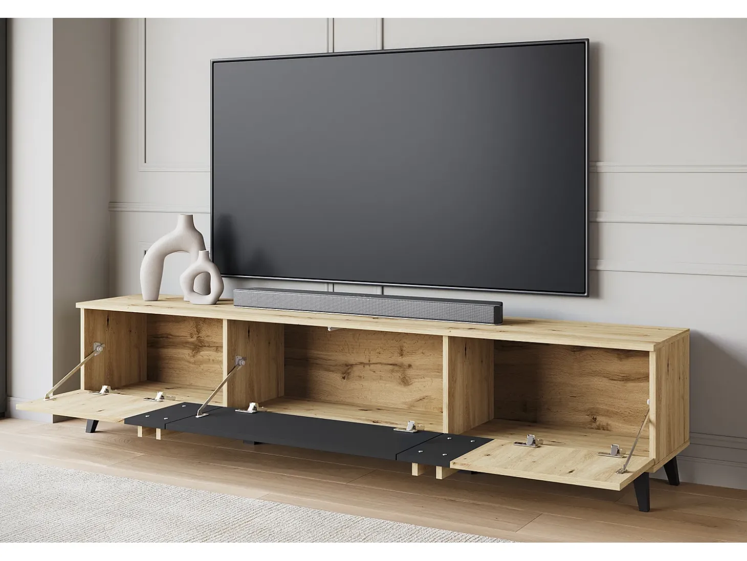 Móvel de TV 180 cm com pés para sala – lowboard moderno com três portas basculantes, artisan, preto mate