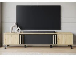 Móvel de TV 180 cm com pés para sala – lowboard moderno com três portas basculantes, artisan, preto mate