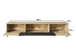 Móvel de TV 180 cm com pés para sala – lowboard moderno com três portas basculantes, artisan, preto mate