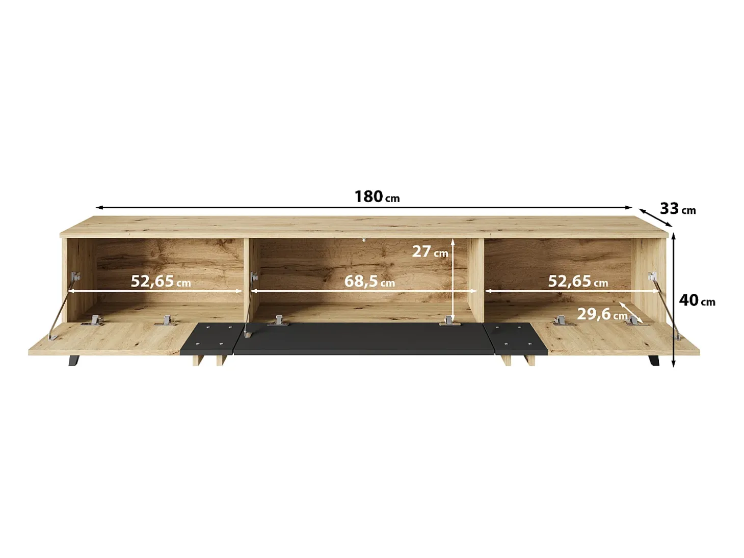 Móvel de TV 180 cm com pés para sala – lowboard moderno com três portas basculantes, artisan, preto mate