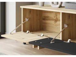 Móvel de TV 180 cm com pés para sala – lowboard moderno com três portas basculantes, artisan, preto mate